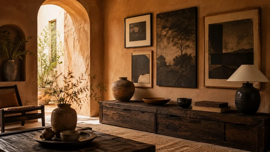 Wohnraum mit gerahmten Kunstdrucken an der Wand — warmes Interior mit Sideboard und Galeriewand